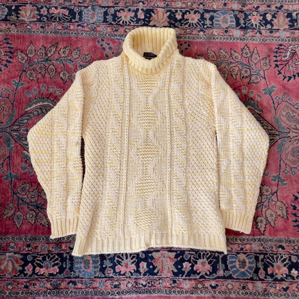 VTG 60s Puritan Yellow Cream Virgin Wool Cable Knit Turtleneck Sweater M USA